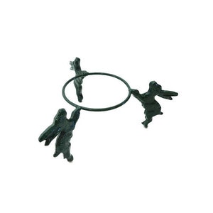May include: A dark green metal sphere stand with three rabbit figures supporting a circular ring. The rabbits are in a stylized pose, and the stand is designed to hold a decorative sphere or other round object.
