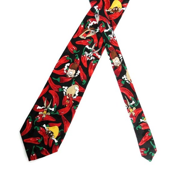 Vintage Silk Looney Tunes Mania Necktie With Hot Chili Peppers Design Kids Cartoon