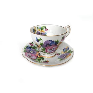Vintage Tea Cup Saucer Queen Anne Spring Melody Fine Bone China England Pansies Gift For Any Occasion