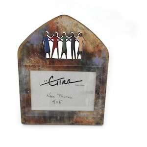 Vintage Artisan Tabletop Metal Picture Frame by Gina 4"X6" Coloful Unity Design of Best Friends or Family Hand-painted Signed