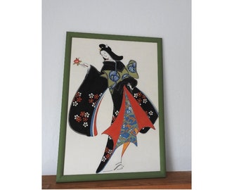 Vintage Original Japanese Girl Geisha In Black Kimono With A Flower Gouache Painting Unsigned