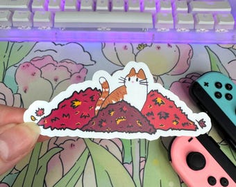 Fall Cat Sticker - Orange and White Cat in Red Leaves, Cozy Autumn Sticker for Journals, Laptops, Water Bottles, Cat Lover Gift