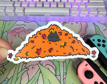 Fall Cat Sticker - Black Cat in Leaf Pile, Cozy Autumn Sticker for Journals, Laptops, Water Bottles, Cute Cat Lover Gift