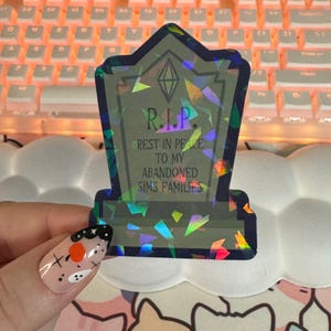 Holographic RIP to My Abandoned Sims Families Sticker, Halloween Sticker, Tombstone Vinyl Decal, Nostalgic Sims Gamer Sticker for Laptops