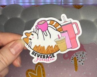 Beverage Gremlin Sticker – Orange and White Cat with Stanley Cup, Iced Coffee, Energy Drink, Beverage Girly Sticker, Iced Coffee Lover Decal