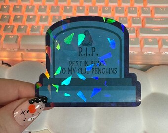 Holographic RIP to My Abandoned Club Penguins Sticker, Halloween Sticker, Nostalgic Club Penguin Vinyl Decal, Cute Gamer Sticker for Laptops