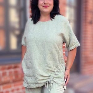 Lime colour linen blouse / Short sleeve linen shirt / Linen top