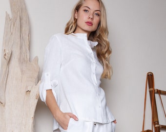 White linen top / White linen shirt / Summer linen blouse / Linen top for women