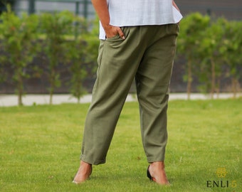 Khaki linen pants / Organic linen trousers / Khaki linen culottes