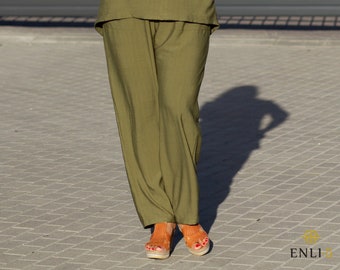 Khaki linen pants / Plus size linen trousers / Natural linen pants