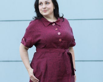 Burgundy linen dress / Plus size linen dress / Knee length linen dress