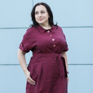 Burgundy linen dress / Plus size linen dress / Knee length linen dress