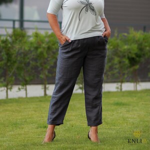 Calça de linho cinza azul / Calça de linho com bolsos / Calça de linho plus size
