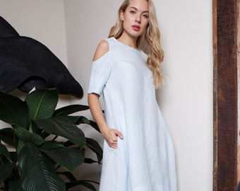 Light blue linen dress / Asymmetrical dress with open shoulders / Oversized linen dress