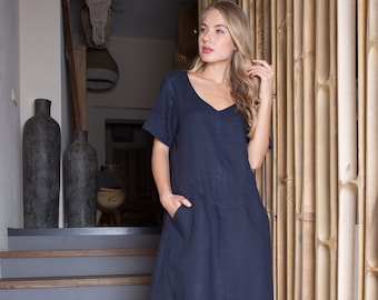 Navy blue linen summer dress / Boho dress with pockets