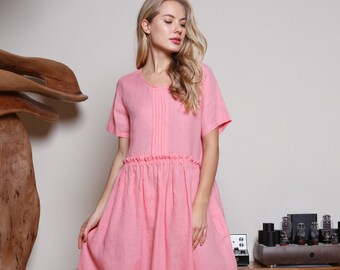 Pink linen dress / Loose linen dress with pockets / Maternity linen dress
