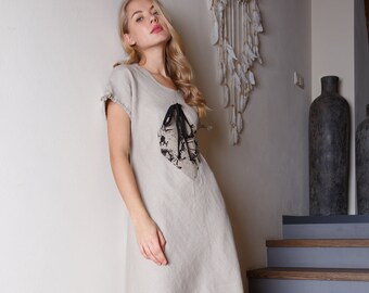 Linen short sleeves dress / Linen summer dress with painting / Made in EU