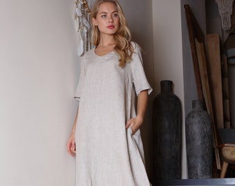 Linen dress in midi length / Natural linen color dress / Oversized linen dress