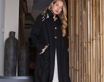 Long black linen coat / Black linen jacket / Oversized coat / Handmade linen clothing
