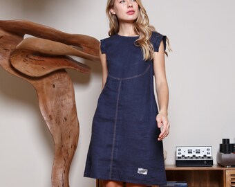 Mini linen summer dress / Charcoal blue linen dress