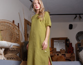 Green linen summer dress / Long linen split dress / Handmade maxi linen dress