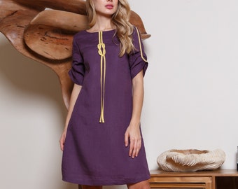 Purple linen dress / Short linen dress / Linen dress with laces / Purple summer dress
