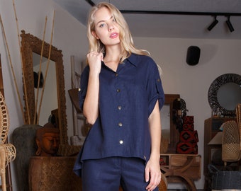 Navy blue linen blouse / Dark blue linen shirt / Long linen shirt