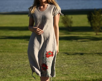 Natural linen summer dress / Floral pocket linen dress