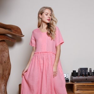Pink linen dress / Loose linen dress with pockets / Maternity linen dress