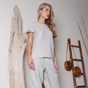Natural linen color blouse / Beige linen shirt / Linen blouse with stylish sleeves