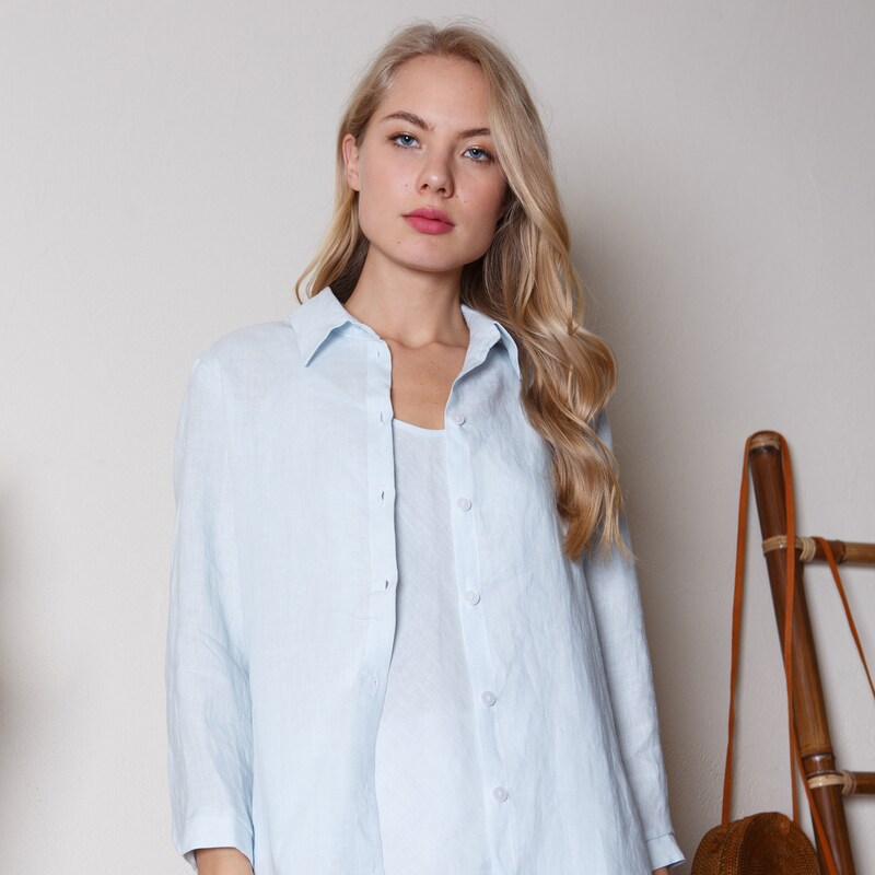 Lightweight Cotton Linen Button Down Blouse in Light Blue main image 1