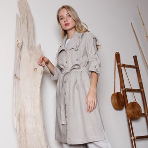 Natural linen coat with strap / Long oversize linen coat