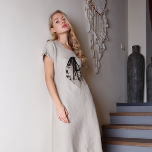 Linen short sleeves dress / Linen summer dress with painting / Made in EU image 1