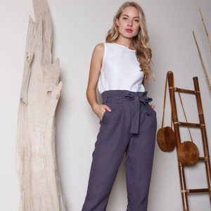 Grey blue linen pants with strap / High waist linen pants with pockets / Linen trousers image 1