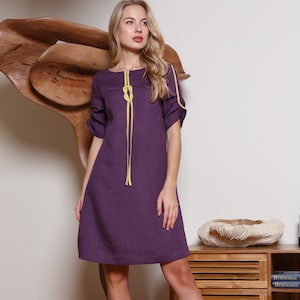 Purple linen dress / Short linen dress / Linen dress with laces / Purple summer dress