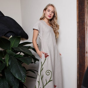 Long beige linen dress / Embroidered dress / Floral linen dress