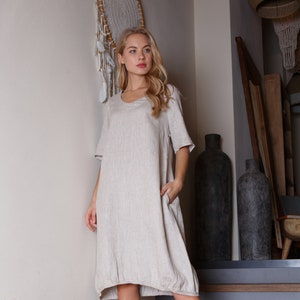 Linen dress in midi length / Natural linen color dress / Oversized linen dress