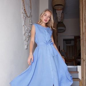 Linen sleeveless blue dress with belt / Linen shirtdress / Baltic linen dress (EU)