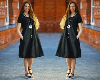 Black midi linen dress / Linen pocket dress / Oversize linen dress