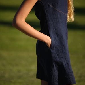 Mini linen summer dress / Charcoal blue linen dress image 6