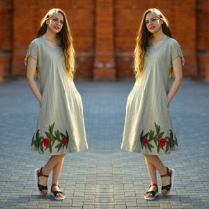 Linen dress with painting / Embroidered linen dress / Oversize linen