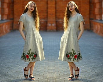 Linen dress with painting / Embroidered linen dress / Oversize linen