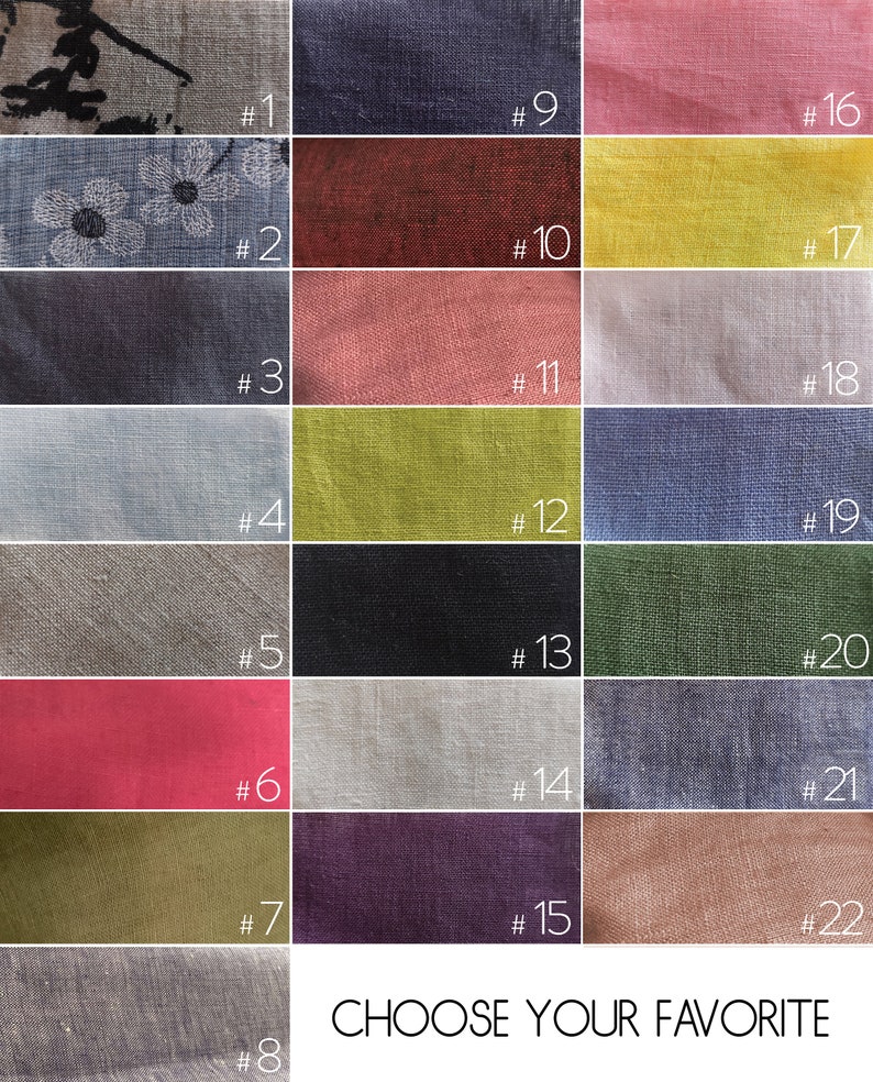 May include: A collage of 22 fabric swatches in various colors and textures. The swatches are numbered 1 through 22. The text "CHOOSE YOUR FAVORITE" is at the bottom of the image.
