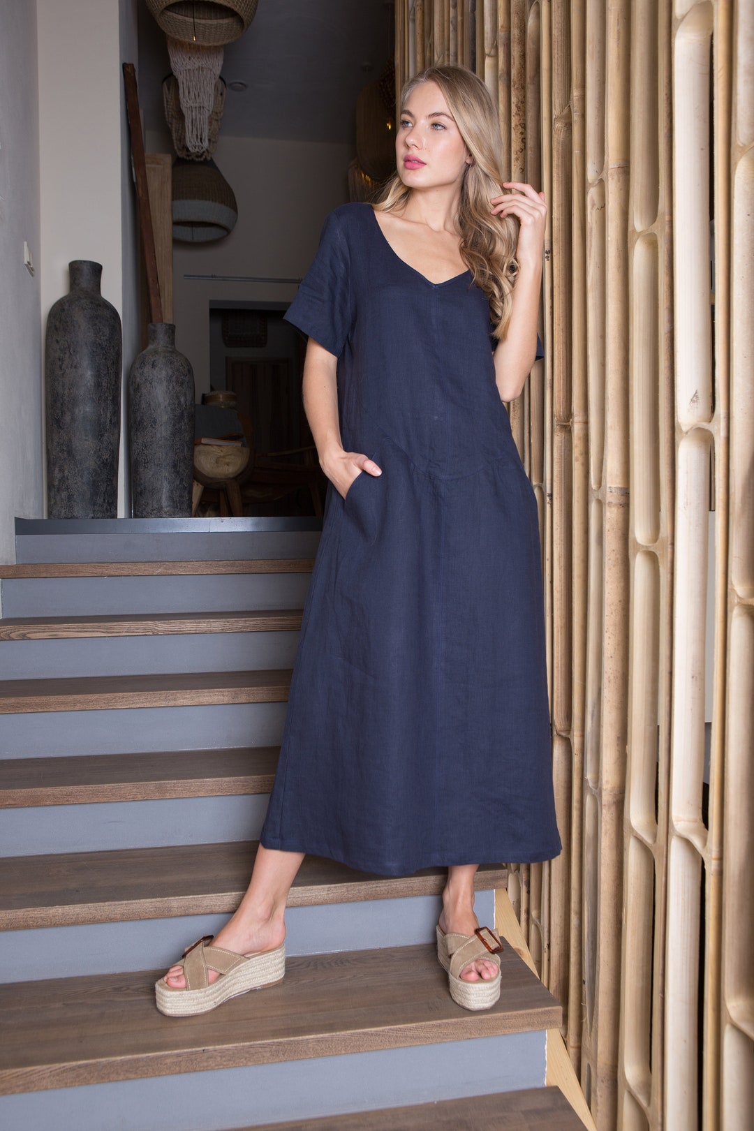 Navy Blue Linen Summer Dress / Boho Dress With Pockets - Etsy