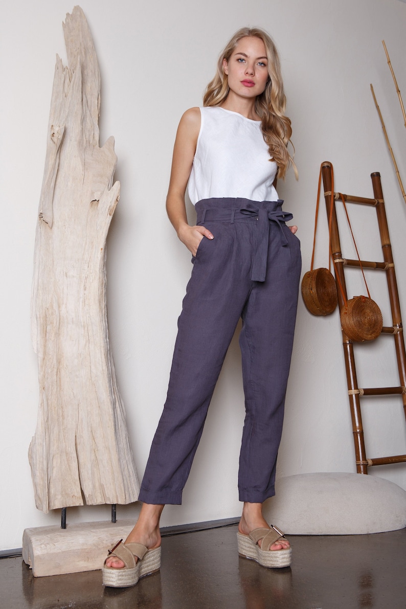 Grey blue linen pants with strap / High waist linen pants with pockets / Linen trousers image 1