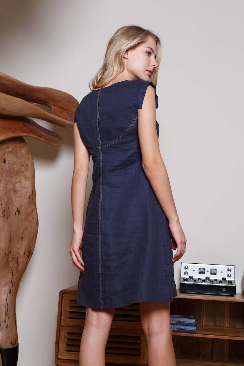 Mini linen summer dress / Charcoal blue linen dress image 3
