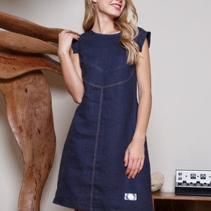 Mini linen summer dress / Charcoal blue linen dress image 2