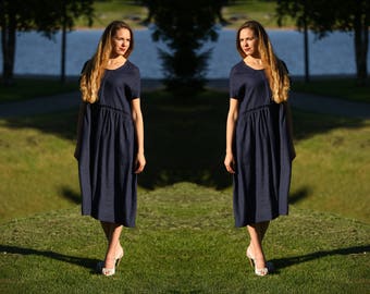 Blue linen dress / Maternity linen dress / Plus size linen dress