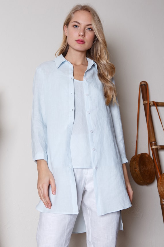 Blue Linen Button up Shirt / - Etsy 