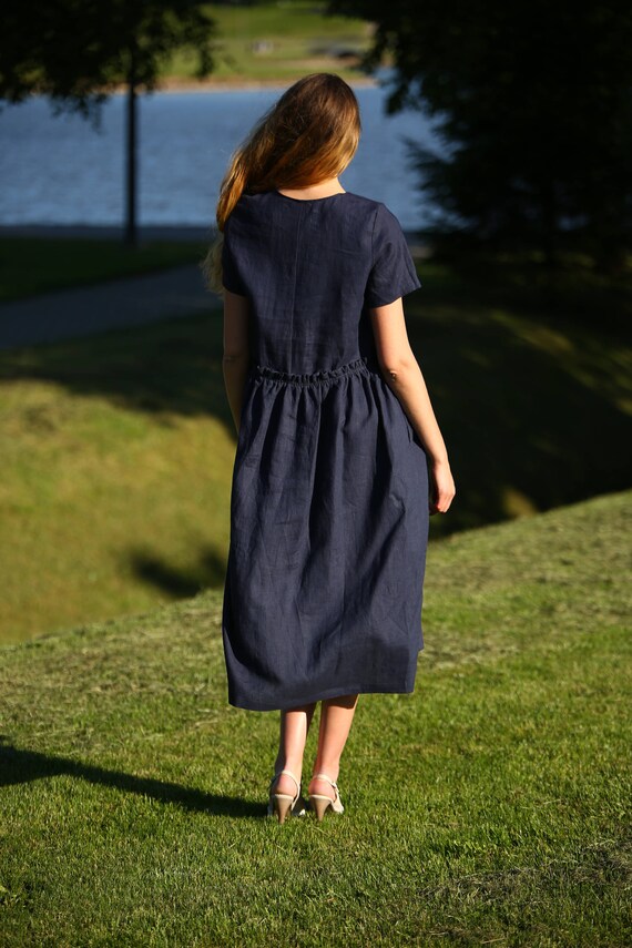 blue linen maternity dress Women's 100% European Linen Maternity Short Sleeve Midi Dress in French Blue, Size Small, Tencel by Quince